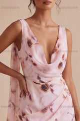 Pink Floral Cowl Neck Ruched Bodycon Short Homecoming Dress with Sash