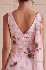 Pink Floral Cowl Neck Ruched Bodycon Short Homecoming Dress with Sash