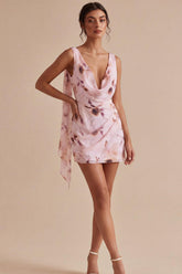 Floral Cowl Neck Pink Ruched Tight Short Homecoming Dress with Sash