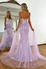 Back view of the lavender prom dress showing the zipper back and sheer tulle train