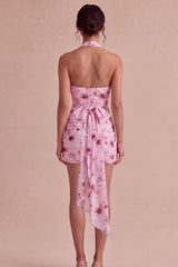 Floral Halter Pink Ruched Tight Short Homecoming Dress with Bow