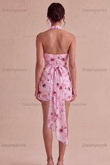 Pink Floral Halter Ruched Tight Short Homecoming Dress with Bow