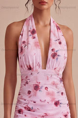 Pink Floral Halter Ruched Tight Short Homecoming Dress with Bow