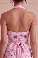Pink Floral Halter Ruched Tight Short Homecoming Dress with Bow