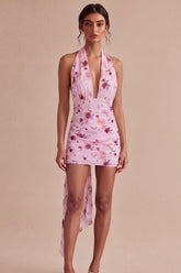 Floral Halter Pink Ruched Tight Short Homecoming Dress with Bow