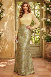 Floral Jacquard Mermaid Mother of the Bride Dress with Sheer Long Sleeves