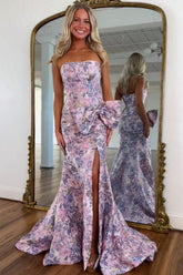 Floral jacquard strapless mermaid prom dress with waist bow and high slit, full-length front view