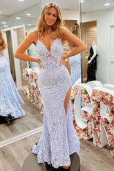 Lavender floral lace mermaid prom dress with spaghetti straps and high slit, full front view