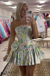 Floral Light Green Corset Strapless Short Homecoming Dress with Bow