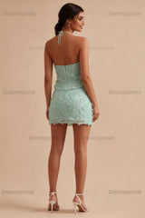 Mint Green Floral Halter 2-Piece Tight Short Homecoming Dress