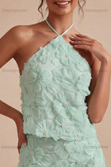 Mint Green Floral Halter 2-Piece Tight Short Homecoming Dress