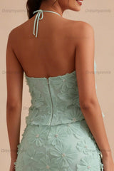 Mint Green Floral Halter 2-Piece Tight Short Homecoming Dress