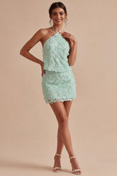 Mint Green Floral Halter 2-Piece Tight Short Homecoming Dress