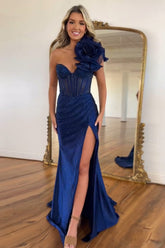 Floral Navy Prom Dress Corset One Shoulder Formal Dress With Slit