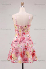 Floral Pink A Line Corset Short Homecoming Dress with Bow