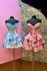 Floral Pink Corset A Line Homecoming Dresses Short Cocktail Dresses With Ruffles