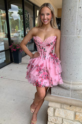 Floral Pink Corset A Line Homecoming Dresses Short Cocktail Dresses With Ruffles