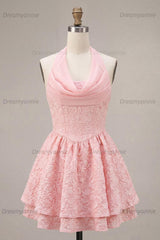 Floral Pink Halter Jacquard A-Line Short Homecoming Dress