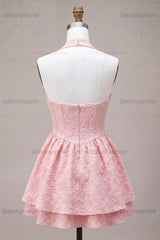 Floral Pink Halter Jacquard A-Line Short Homecoming Dress