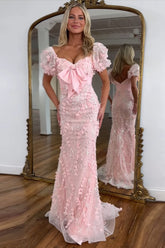 Floral Pink Prom Dress Mermaid Long Formal Dress With Puffsleeves