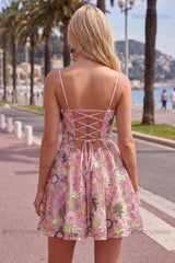 Floral Pink Spaghetti Strap A-Line Short Homecoming Dress with Pockets