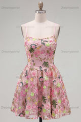 Floral Pink Spaghetti Strap A-Line Short Homecoming Dress with Pockets