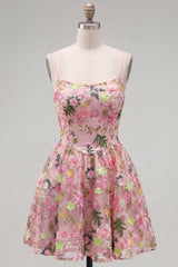 Floral Pink Short A Line Spaghetti Straps Homecoming Dress with Pockets