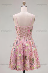 Floral Pink Spaghetti Strap A-Line Short Homecoming Dress with Pockets