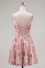 Floral Pink Short A Line Spaghetti Straps Homecoming Dress with Pockets