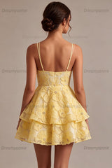 Floral Ruffled Light Yellow A Line Beaded Tiered Short Homecoming Dress