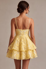 Floral Ruffled Light Yellow A Line Beaded Tiered Short Homecoming Dress