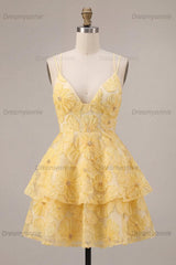 Floral Ruffled Light Yellow A Line Beaded Tiered Short Homecoming Dress