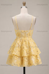 Floral Ruffled Light Yellow A Line Beaded Tiered Short Homecoming Dress