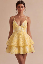 Floral Ruffled Light Yellow A Line Beaded Tiered Short Homecoming Dress