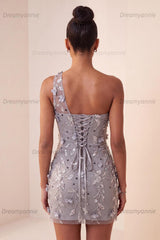 Floral Sequins Grey One Shoulder Tight Short Homecoming Dress