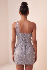 Floral Sequins Grey One Shoulder Tight Short Homecoming Dress