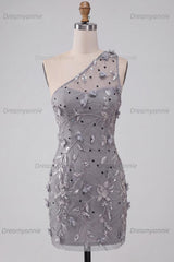 Floral Sequins Grey One Shoulder Tight Short Homecoming Dress