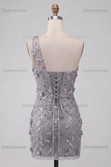 Floral Sequins Grey One Shoulder Tight Short Homecoming Dress