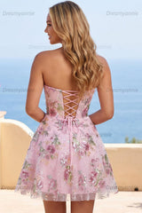Pink Strapless Floral Beaded A-Line Corset Short Homecoming Dress