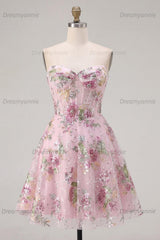 Pink Strapless Floral Beaded A-Line Corset Short Homecoming Dress