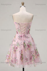 Pink Strapless Floral Beaded A-Line Corset Short Homecoming Dress
