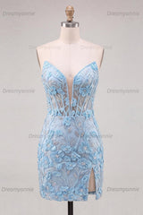 Floral Sky Blue Lace Tight Corset Short Homecoming Dress with Slit