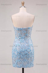 Floral Sky Blue Lace Tight Corset Short Homecoming Dress with Slit