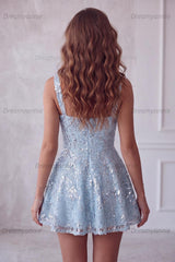 Floral Sky Blue Sparkly Sequin A-Line Short Homecoming Dress with Bow