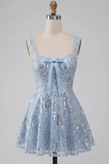 Floral Sky Blue Sparkly Sequin A-Line Short Homecoming Dress with Bow