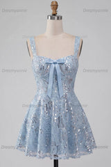 Floral Sky Blue Sparkly Sequin A-Line Short Homecoming Dress with Bow