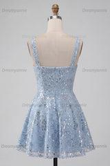 Floral Sky Blue Sparkly Sequin A-Line Short Homecoming Dress with Bow