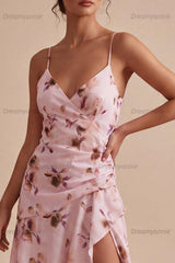 Pink Floral Spaghetti Strap Ruffled A-Line Short Homecoming Dress