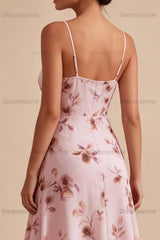 Pink Floral Spaghetti Strap Ruffled A-Line Short Homecoming Dress