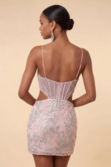 Floral Sparkly Blush Corset Tight Cut Out Short Homecoming Dress